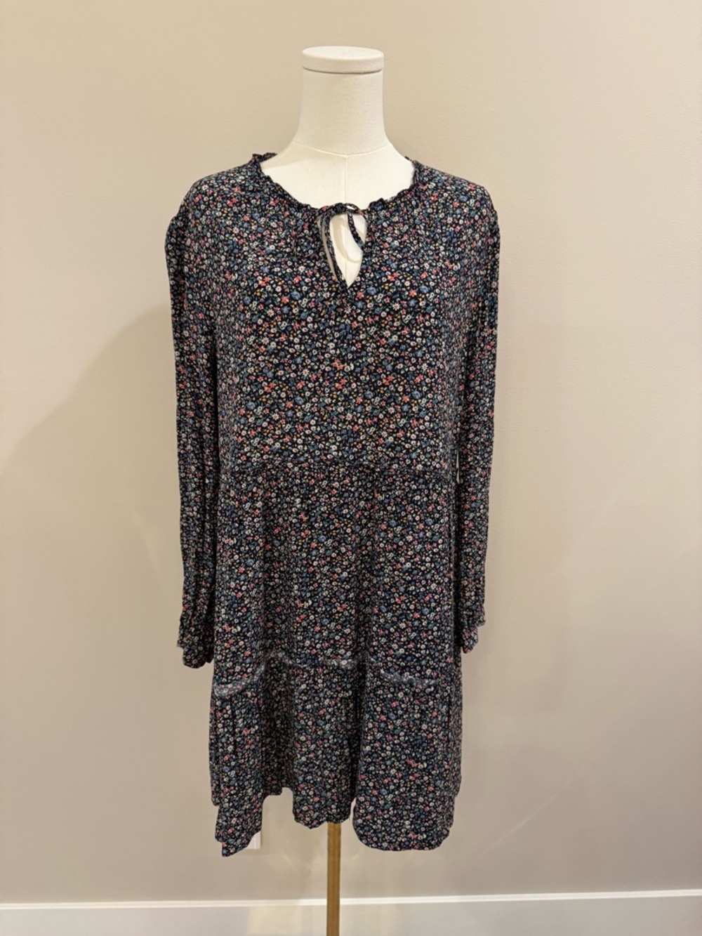 Rails Floral Tie-Neck Long Sleeve Dress - Navy Pink Floral